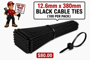 12.6mm x 380mm Black Cable Ties 100pcs